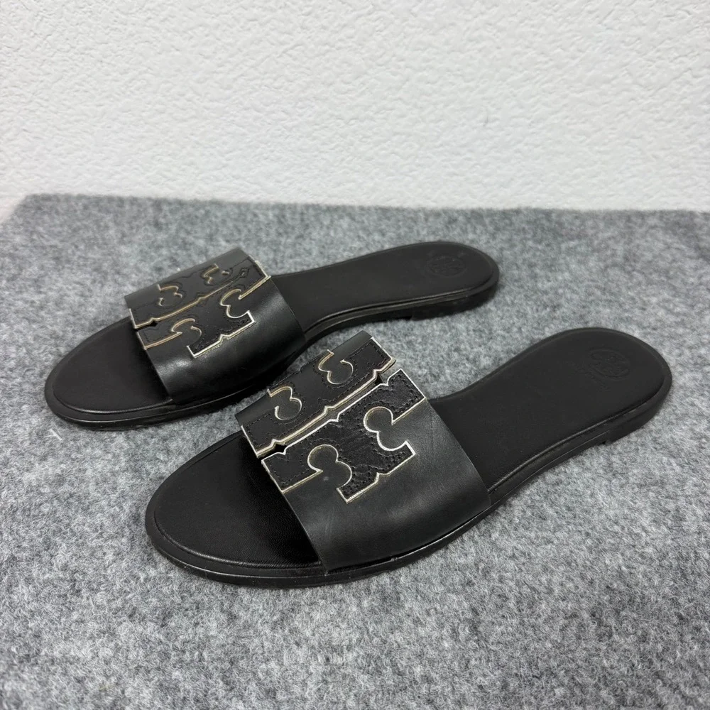 Tory Burch Ines Slide Sandal Womens 10.5 M Black Leather Gold Logo EUC Luxury
